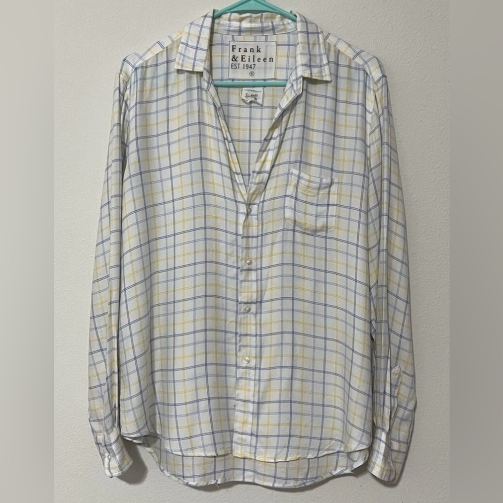Frank & Eileen Shirt Womens Small Blue Yellow Plaid EILEEN Relaxed Button Up